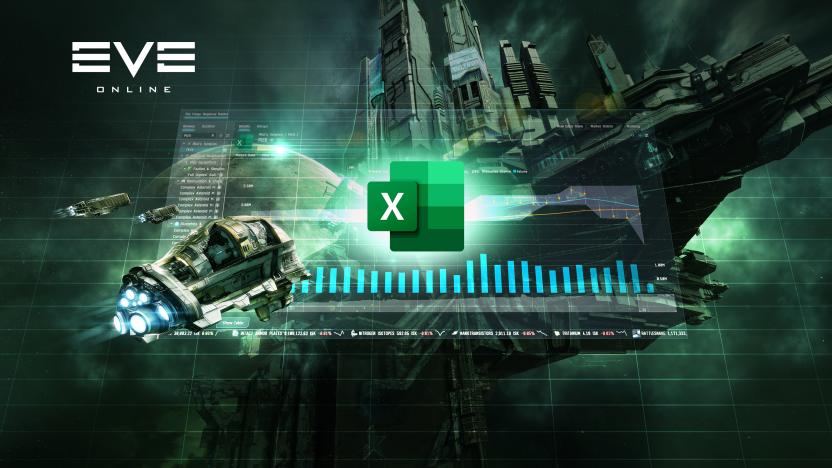 Marketing graphic for ‘EVE Online’ showing a space capsule and space station behind a Microsoft Excel logo