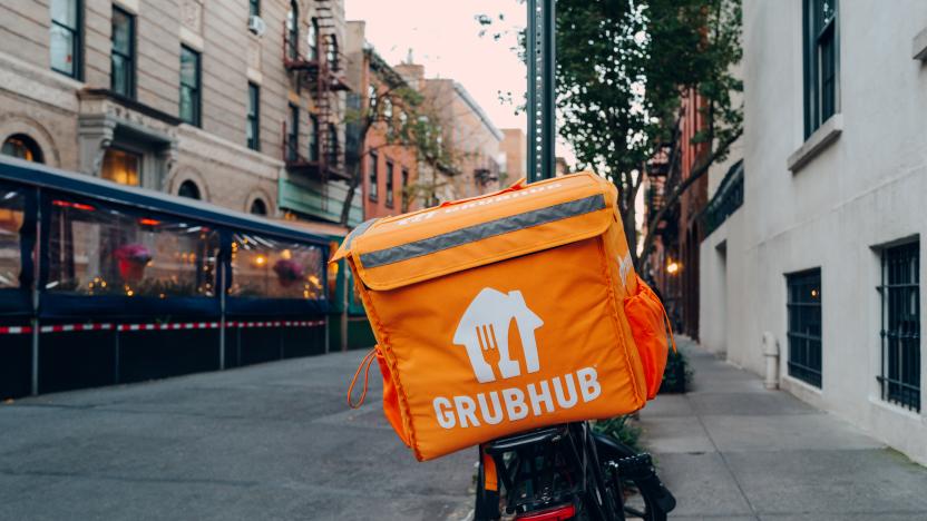 New York, USA - November 21, 2022: Grubhub bag on a delivery bike on a street in NYC. Grubhub online food order and delivery has been a subsidiary of the Dutch company Just Eat Takeaway since 2021.