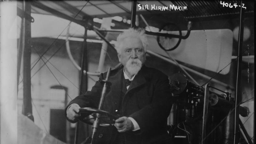 View of American-born British inventor Sir Hiram Maxim (1840 - 1916) behind the steering wheel of an unidentified vehicle, Washington DC, 1915. (Photo by PhotoQuest/Getty Images)