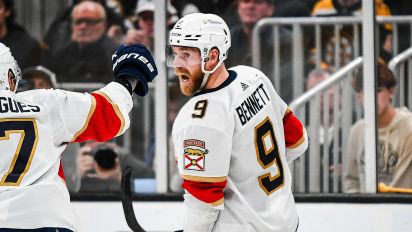 Getty Images - BOSTON, MASSACHUSETTS - MAY 12: Sam Bennett #9 of the Florida Panthers celebrates his third period goal with Evan Rodrigues #17 against the Boston Bruins in Game Four of the Second Round of the 2024 Stanley Cup Playoffs at TD Garden on May 12, 2024 in Boston, Massachusetts. (Photo by China Wong/NHLI via Getty Images)
