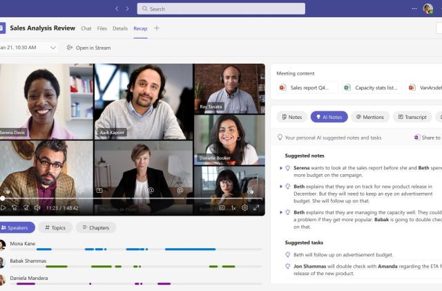 Screenshot of Microsoft's Teams Premium, featuring video feeds of meeting participants. A text box includes meeting notes and tasks suggested by AI.