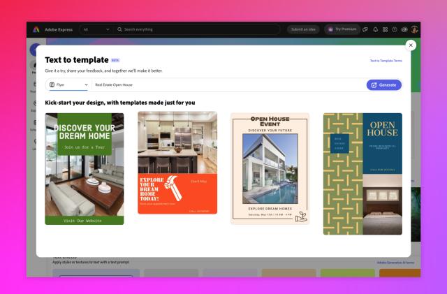 Adobe Express screenshot showing a featured that can generate a template for a graphic based on a text prompt. A request to create a flyer for "Real Estate Open House" led to the generative AI creating four template options.