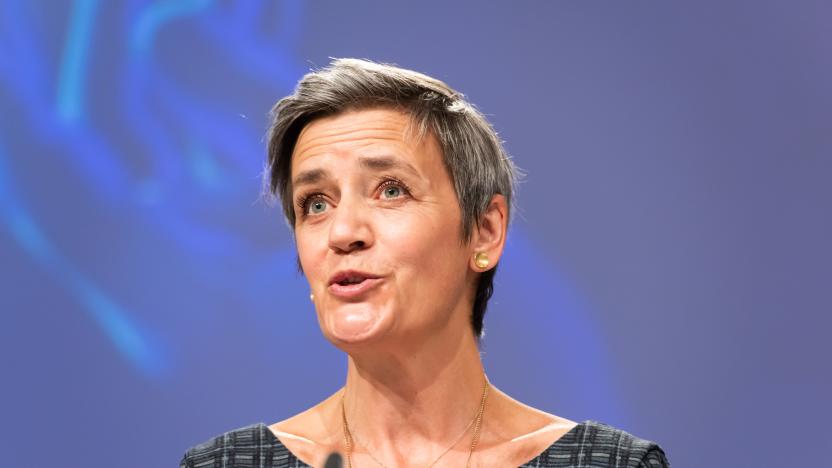 BRUSSELS, BELGIUM - APRIL 21: European Executive Vice-President Margrethe Vestager and European Commissioner in charge of internal market Thierry Breton (not seen) hold a press conference on artificial intelligence (AI) following the weekly meeting of the EU Commission in Brussels on April 21, 2021. in Brussels on April 21, 2021. (Photo by European Commission / Pool/Anadolu Agency via Getty Images)