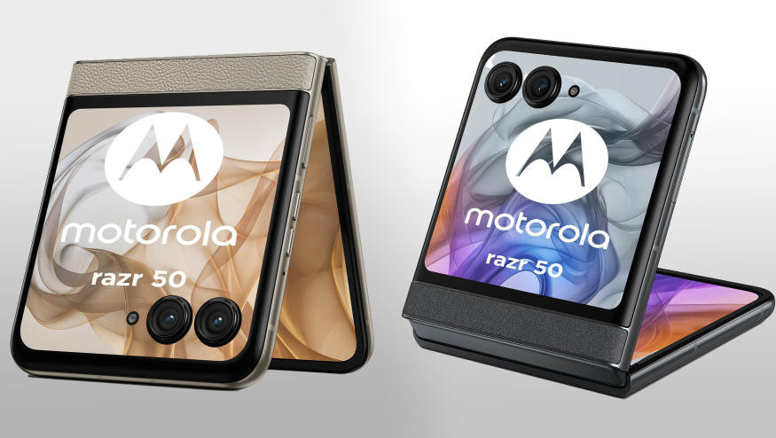 Alleged leaked images of the Motorola Razr 50. Two phones sit folded in different configurations against a gray gradient background.
