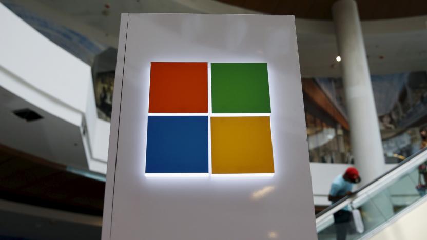 A Microsoft logo is seen at a pop-up site for the new Windows 10 operating system at Roosevelt Field in Garden City, New York July 29, 2015. Microsoft Corp's launch of its first new operating system in almost three years, designed to work across laptops, desktop and smartphones, won mostly positive reviews for its user-friendly and feature-packed interface.REUTERS/Shannon Stapleton