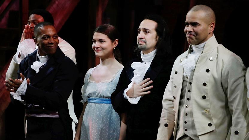 NEW YORK, NY - FEBRUARY 17: Leslie Odom Jr., Phillipa Soo, Lin-Manuel Miranda and Christopher Jackson  attend "Hamilton" Opening Night at The Public Theater on February 17, 2015 in New York City.  (Photo by John Lamparski/WireImage)