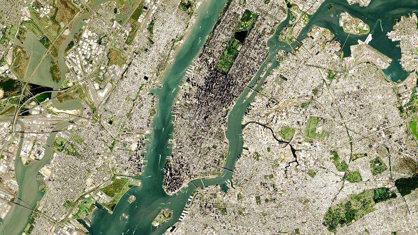 NEW YORK - OCTOBER 2016: (SOUTH AFRICA OUT) Satellite view of New York City with Midtown and Lower Manhattan visible on 15 October 2016. Jersey City to the left and Brooklyn and Queens to the right. (Photo by USGS/NASA Landsat data/Orbital Horizon/Gallo Images/Getty Images)