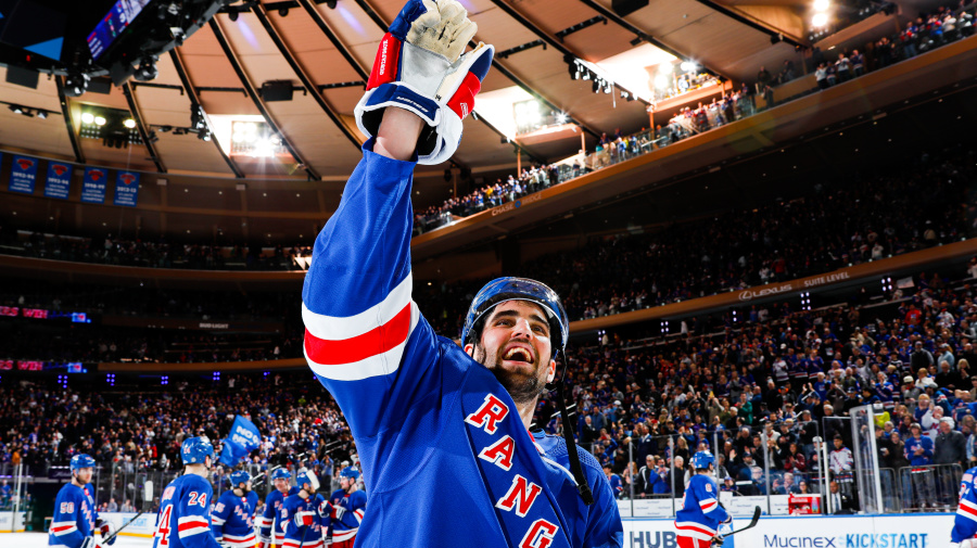 Getty Images - NEW YORK, NEW YORK - APRIL 13:  Erik Gustafsson #56 of the New York Rangers celebrates after a 3-2 shootout win against the New York Islanders at Madison Square Garden on April 13, 2024 in New York City. (Photo by Jared Silber/NHLI via Getty Images)