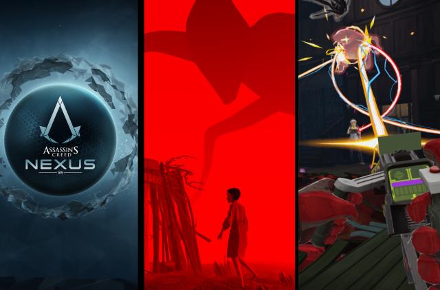 Split-screen collage of three upcoming VR games from Meta's showcase: ‘Assassin’s Creed Nexus VR,’ ‘Stranger Things VR’ and ‘Ghostbusters: Rise of the Ghost Lord.’