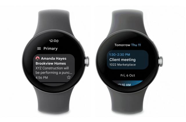 Screenshot of Gmail and Calendar apps running on a Wear OS device.