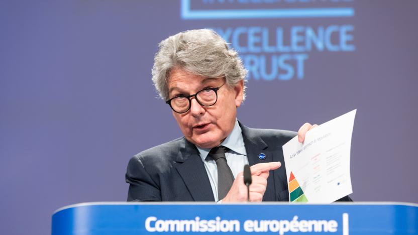 BRUSSELS, BELGIUM - APRIL 21: European Executive Vice-President Margrethe Vestager (not seen) and European Commissioner in charge of internal market Thierry Breton hold a press conference on artificial intelligence (AI) following the weekly meeting of the EU Commission in Brussels on April 21, 2021. in Brussels on April 21, 2021. (Photo by European Commission / Pool/Anadolu Agency via Getty Images)