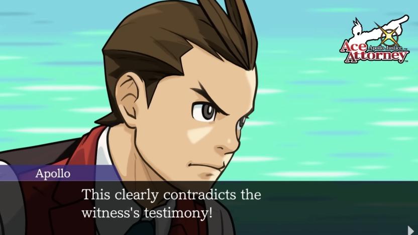 A screenshot from the game Ace Attorney: Apollo Justice. It features the drawing of a male character, Apollo Justice, with brown hair, wearing a white collared shirt underneath a red vest and a blue tie. Behind him is a blue-green background. At the bottom is his written dialogue that says: This clearly contradict the witness' testimony!