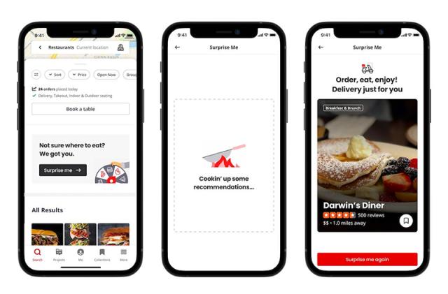 A press image showing renderings of three phones, each with a screen showing part of the search for a restaurant recommendation feature. 