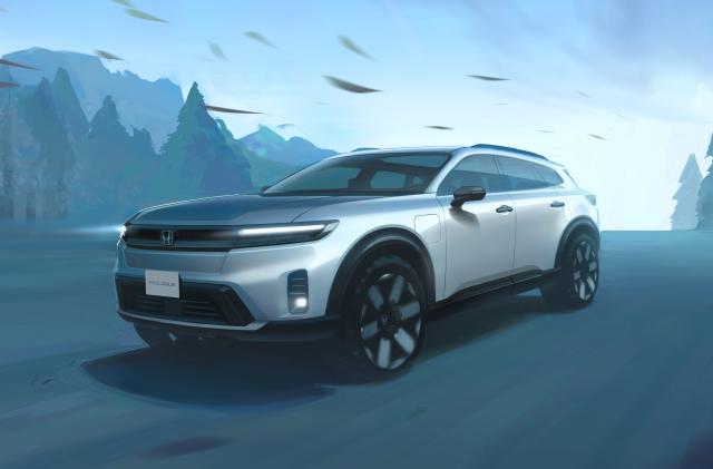 A rendering of the Honda Prologue electric SUV driving through a blue hued forest.