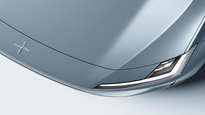 The front headlight and bumper for the gray Polestar 4, seen from above.