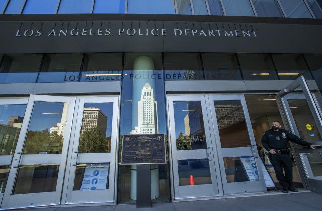 LOS ANGELES, CA - NOVEMBER 16, 2020: Photograph shows the front entrance to LAPD Headquarters on 1st St. in downtown Los Angeles. (Mel Melcon / Los Angeles Times via Getty Images)