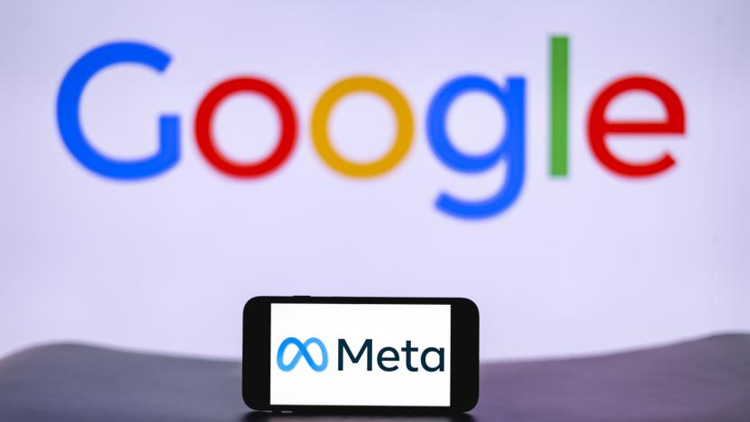 INDIA - 2023/12/13: In this photo illustration, the Meta logo is seen displayed on a mobile phone screen with Google logo in the background. (Photo Illustration by Idrees Abbas/SOPA Images/LightRocket via Getty Images)