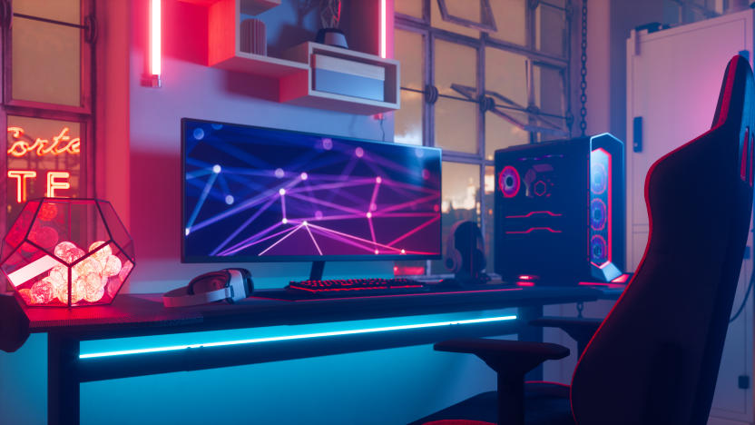 Interior of a gamer room lit with neon lights.