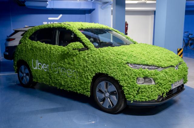 CEUTA, SPAIN - JANUARY 14: The vehicle promoting Uber Green, at the presentation of Uber Green, at Uber's headquarters, on 14 January, 2022 in Madrid, Spain. Uber Green is the 100% electric transportation service that the company is launching in the region. These vehicles are zero emissions and with this project, the company aims for 50% of the kilometers traveled in seven European cities, including Madrid, to be 100% zero emissions by 2025. (Photo By A. Perez Meca/Europa Press via Getty Images)