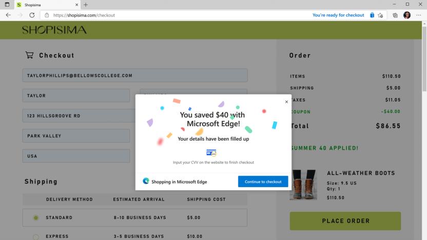 A screenshot of the Microsoft Edge browser that reads "You have saved $40 with Microsoft Edge."  new feature allows users to automatically check if any coupons are applicable while shopping.