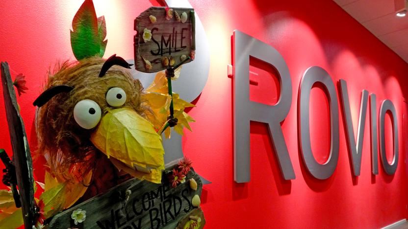 A company sign and an Angry Birds game character are seen at the Rovio headquarters in Espoo, Finland March 13, 2019. Picture taken March 13, 2019. 