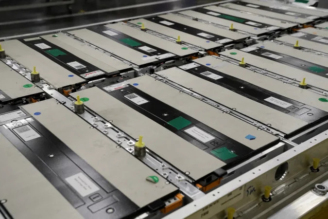 A battery tray with battery modules installed is seen during a tour at the opening of a Mercedes-Benz electric vehicle Battery Factory, marking one of only seven locations producing batteries for their fully electric Mercedes-EQ models, in Woodstock, Alabama, U.S., March 15, 2022. REUTERS/Elijah Nouvelage