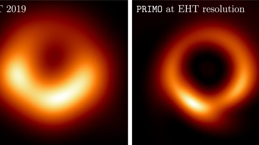 The original image of a black hole (left), showing a fuzzy orange donut-like shape among the blackness of space. On the right (in an updated image based on machine learning), a thinner orange ring surrounds a larger black center.