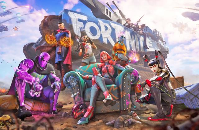 A promo image for the video game 'Fortnite Chapter 3, Season 2' showing characters grouped together looking at the 'camera'.