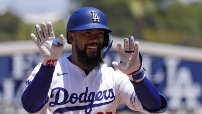 Associated Press - Los Angeles Dodgers' Teoscar Hernández gestures to teammates in the dugout as he rounds third after hitting a two-run home run during the sixth inning of a baseball game against the Miami Marlins Wednesday, May 8, 2024, in Los Angeles. (AP Photo/Mark J. Terrill)