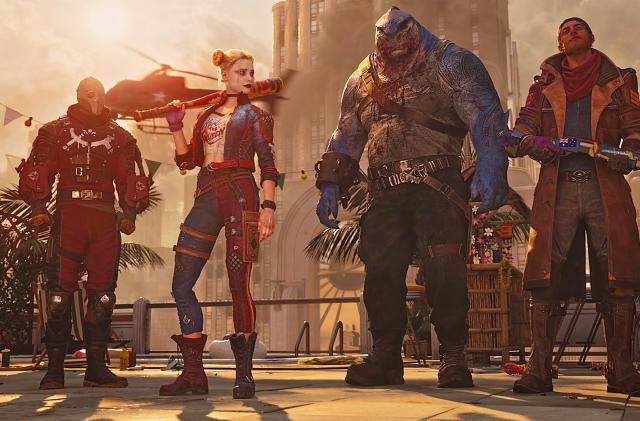 Gaming artwork featuring Deadshot, Harley Quinn, King Shark and Captain Boomerang standing side by side.