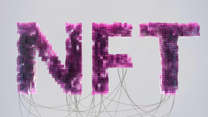 Digital generated image of semi transparent cubes connecting together and forming big letters NFT visualising blockchain technology and non-fungible token art.