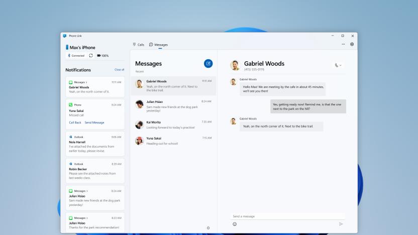 Screenshot of a Windows 11 desktop with the Phone Link app showing iPhone messages.