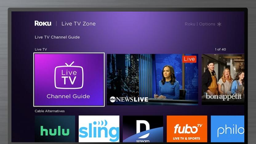 A television displaying Roku's Live TV Zone, a hub for live channels on the platform as well as pay TV alternatives, such as Hulu with Live TV, Sling and Philo.