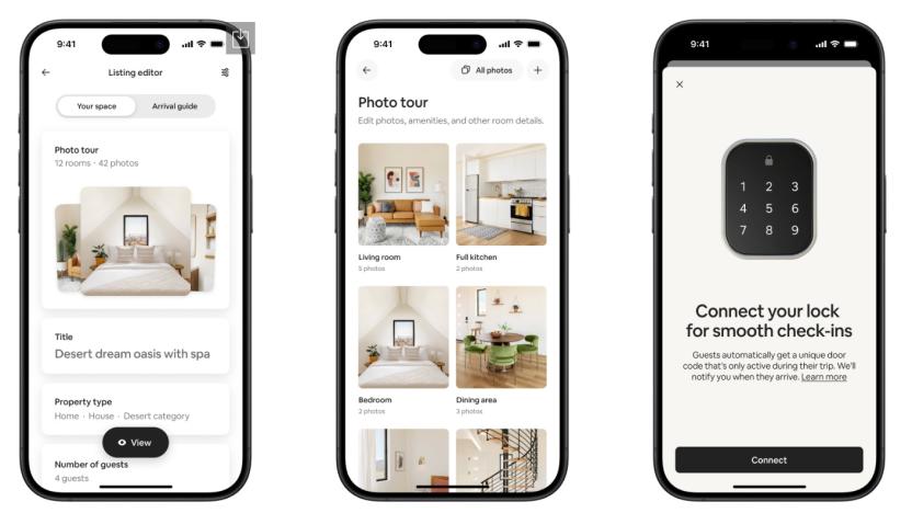 Airbnb screenshots showing smart lock integration and a new photo tour feature.