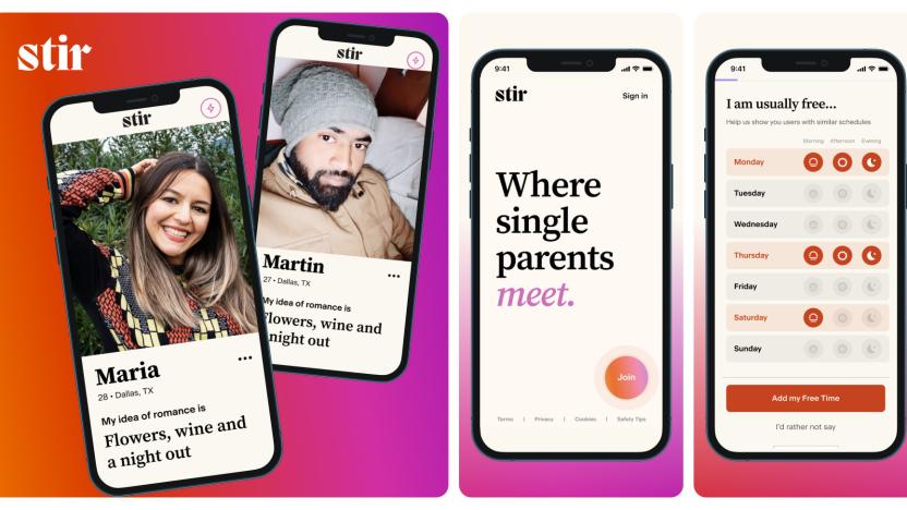 Screenshots of Stir, a dating app from Match Group designed to connect single parents.