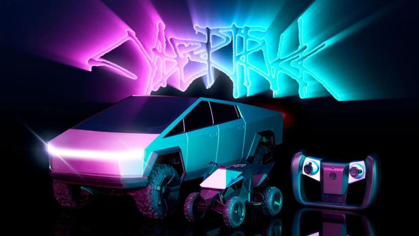 The Mattel Cybertruck and Cyberquad remote controlled vehicles shown on a gloss black surface with teal and pink neon accents.