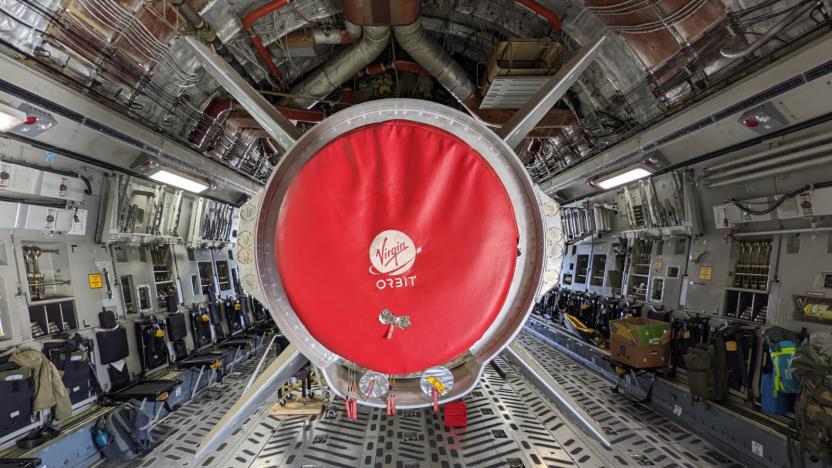 A photo showing Virgin Orbit's LauncherOne vehicle inside its carrier aircraft.