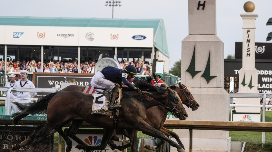 Associated Press - Sierra Leone, with jockey Tyler Gaffalione, (2), Forever Young, with jockey Ryusei Sakai, and Mystik, with jockey Dan Brian Hernandez Jr., cross finish line at Churchill Downs before the 150th running of the Kentucky Derby horse race Saturday, May 4, 2024, in Louisville, Ky. (AP Photo/Kiichiro Sato)