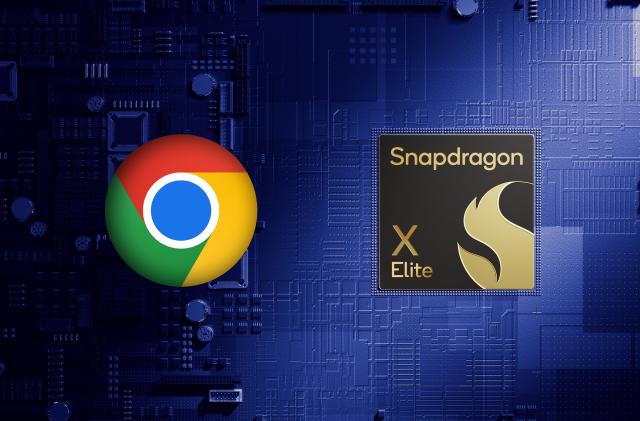 A Google Chrome icon sitting to the left of a chip that says Snapdragon X Elite. The two symbols sit in front of a stylized blue motherboard or chip architecture with visible circuits and connections. Shadows emerging from the left side.