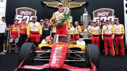 Getty Images - INDIANAPOLIS, INDIANA - MAY 26: Josef Newgarden, driver of the #2 Shell Powering Progress Team Penske, celebrates in Victory Circle after winning the 108th Running of the Indianapolis 500 at Indianapolis Motor Speedway on May 26, 2024 in Indianapolis, Indiana. (Photo by Justin Casterline/Getty Images)