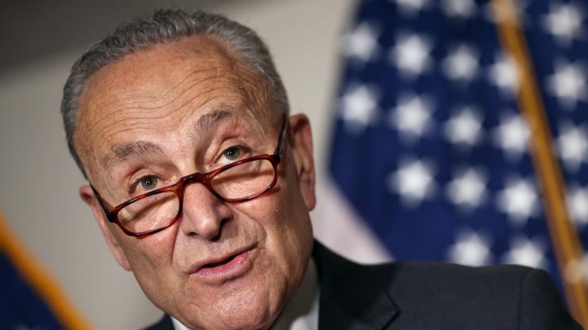 WASHINGTON, DC - JUNE 08: Senate Majority Leader Charles Schumer (D-NY) speaks at a press conference following a Senate Democratic luncheon on Capitol Hill on June 08, 2021 in Washington, DC. Schumer spoke on the equal pay, infrastructure and Democratic judicial nominees.  (Photo by Kevin Dietsch/Getty Images)