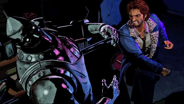 A promo still from the video game 'The Wolf Among Us 2' where Bigby in a blue jacket with leopard lapels punches out the literal Tin Man, who's reeling back from the blow to the chin.