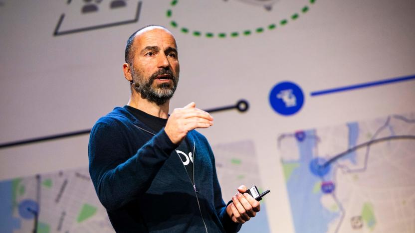 Uber CEO Dara Khosrowshahi addresses the audience during the keynote at the start an Uber products launch in San Francisco, California on September 26, 2019. - Uber on Thursday unveiled a new version of its smartphone app that weaves together services from shared rides to public transit schedules while adding more security features. The upgraded app is intended to let Uber users see, and ideally tap into, the company's array of options for getting around or having restaurant meals delivered. (Photo by Philip Pacheco / AFP) (Photo by PHILIP PACHECO/AFP via Getty Images)