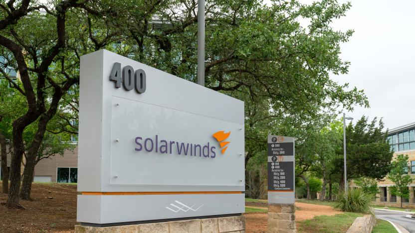 The SolarWinds Corp. logo is seen on a sign at the headquarters in Austin, Texas on April 15, 2021 in Austin, Texas. - The United States announced sanctions against Russia  and the expulsion of 10 diplomats in retaliation for what Washington says is the Kremlin's US election interference, a massive cyber attack and other hostile activity. The White House said the sanctions likewise respond to "malicious cyber activities against the United States and its allies and partners," referring to the massive so-called SolarWinds hack of US government computer systems last year. (Photo by SUZANNE CORDEIRO / AFP) (Photo by SUZANNE CORDEIRO/AFP via Getty Images)