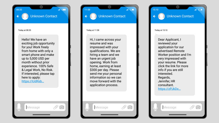 Fictitious scam job offer text messages on set of three generic phones.