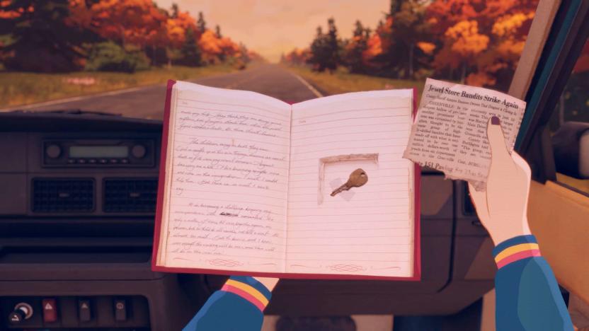 A still from Open Roads showing an open book with a hole cut in the pages, where a key has been placed