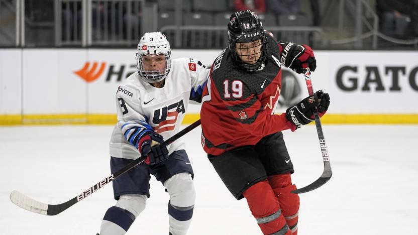 Nov 21, 2021; Kingston, Ontario, CAN; USA defence Cayla Barnes (3) defends against Canada forward Brianne Jenner (19) during the second period in a Rivalry Series women's hockey game at Leon's Centre. Mandatory Credit: John E. Sokolowski-USA TODAY Sports