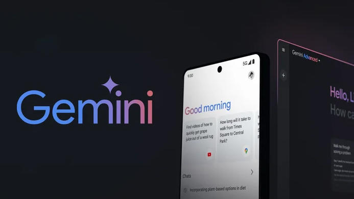 Gemini logo with two phones. Black background.