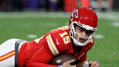 Getty Images - LAS VEGAS, NEVADA - FEBRUARY 11: Patrick Mahomes #15 of the Kansas City Chiefs reacts after being tackled by Arik Armstead #91 of the San Francisco 49ers in the second quarter during Super Bowl LVIII at Allegiant Stadium on February 11, 2024 in Las Vegas, Nevada. (Photo by Jamie Squire/Getty Images)