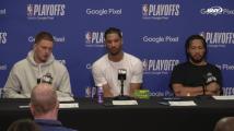 Jalen Brunson, Josh Hart, and Donte DiVincenzo joke around while celebrating Knicks advancing in NBA playoffs over 76ers